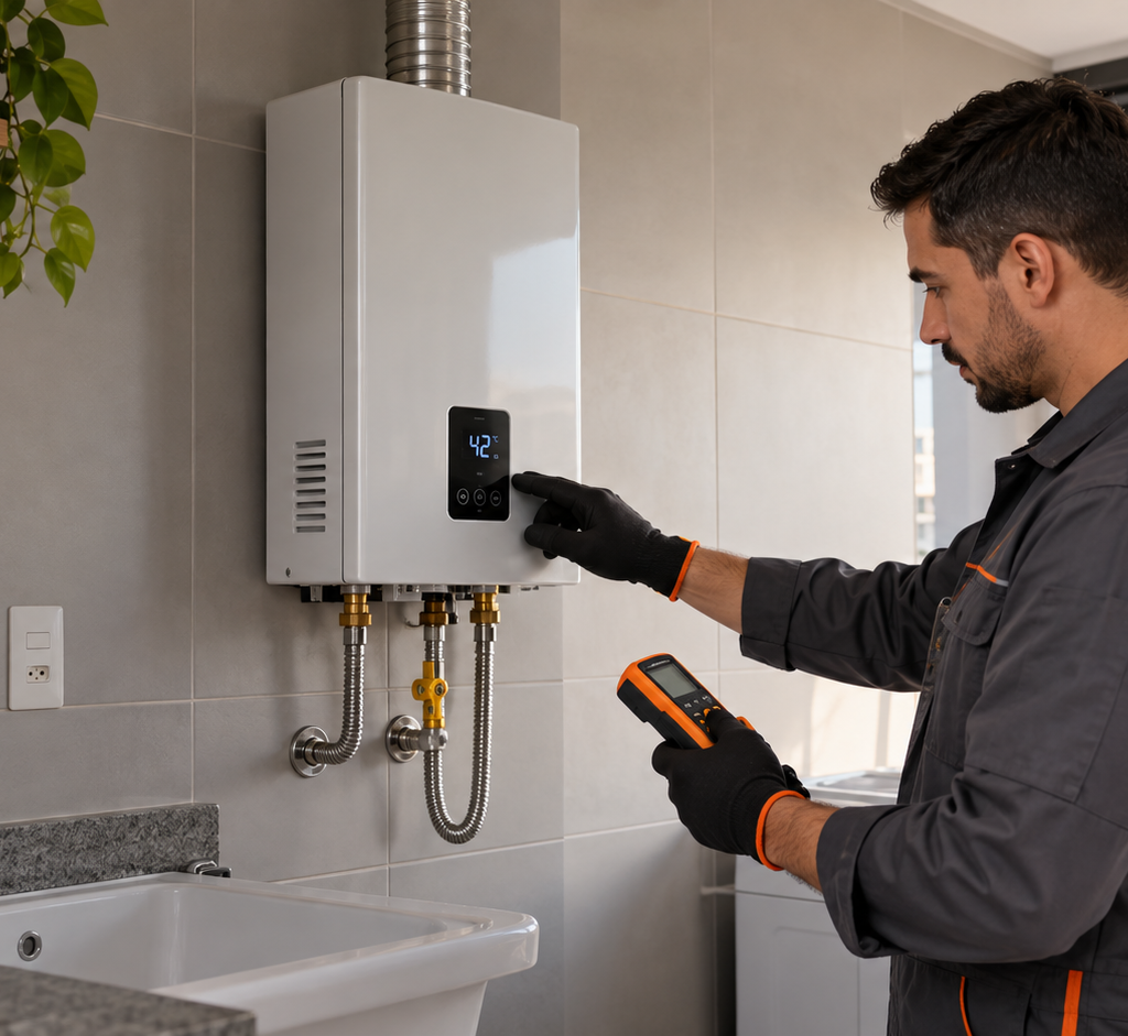 Técnico avaliando aquecedor a gás no Rio de Janeiro