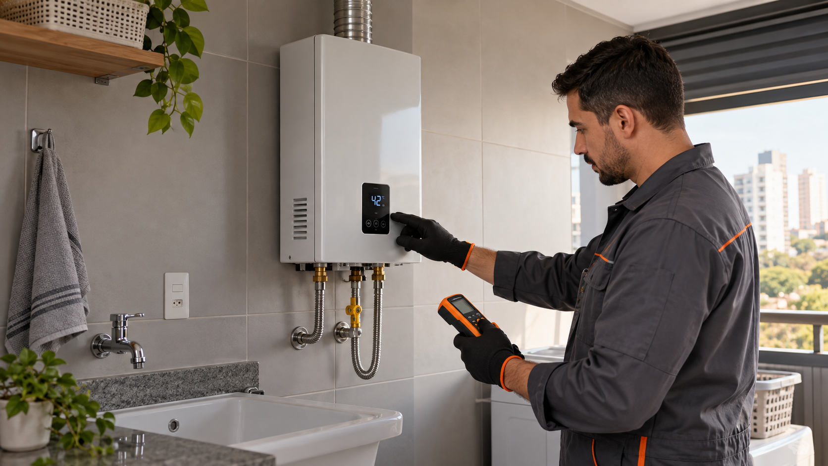 Técnico avaliando aquecedor a gás no Rio de Janeiro