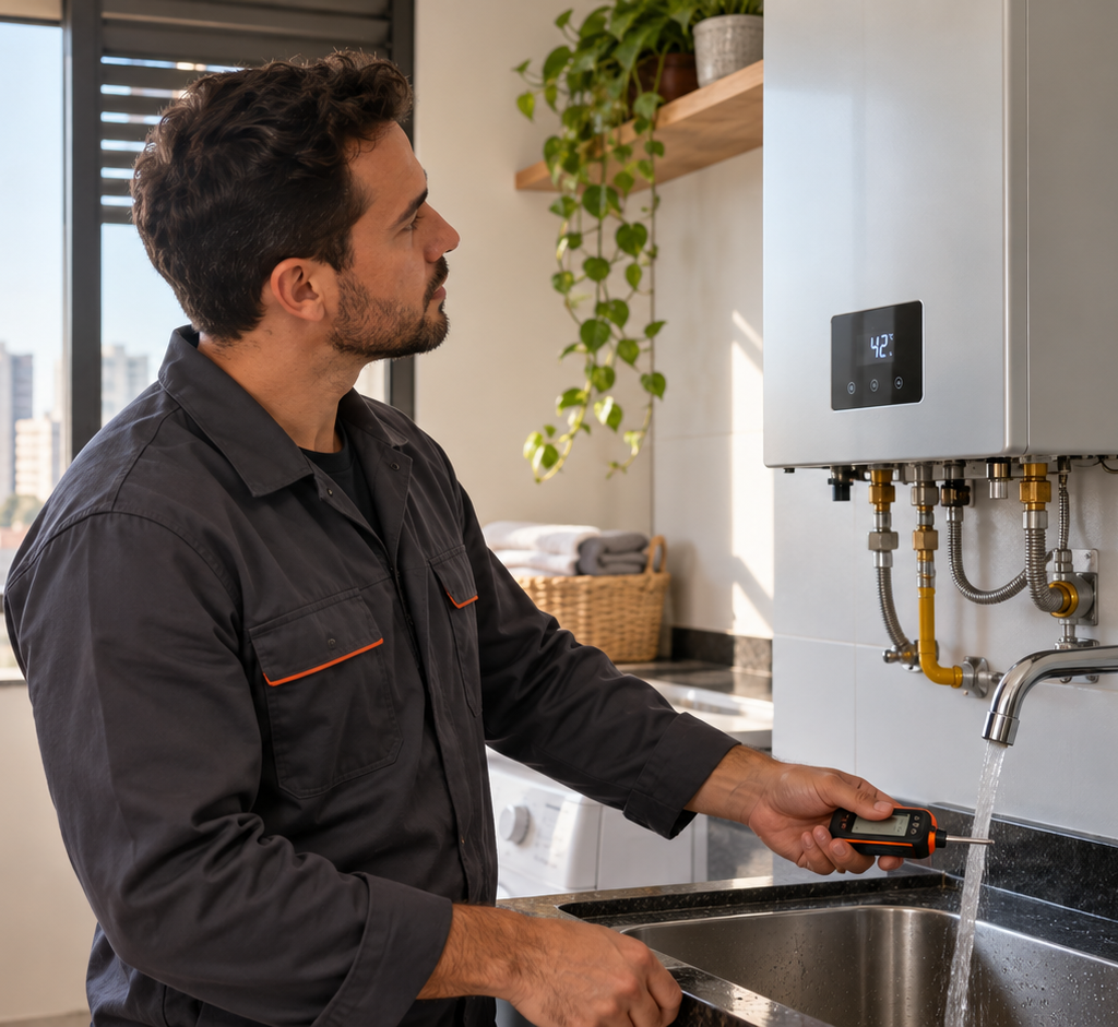 Técnico verifica a temperatura da água em aquecedor a gás