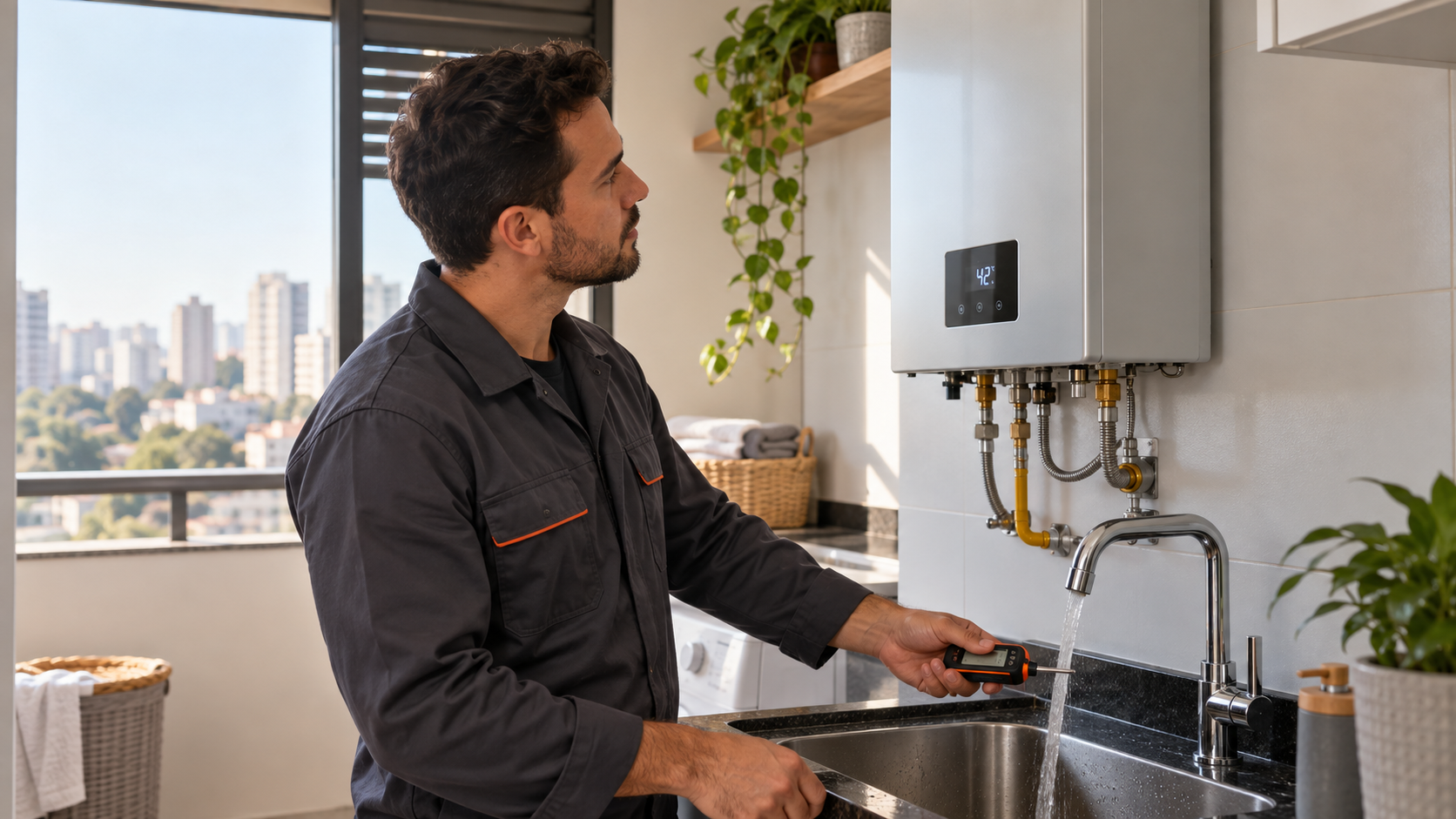 Técnico verifica a temperatura da água em aquecedor a gás